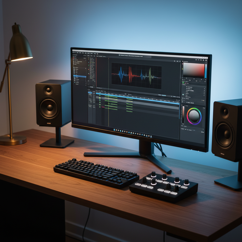 A minimalist editing workstation featuring a large ultra-wide monitor displaying a paused commercial video timeline, surrounded by color grading wheels and waveform scopes. The matte black keyboard, control surface with glowing dials, and a pair of studio reference speakers sit on a smooth walnut desk with a subtle grain. Cool, diffused light from a hidden LED strip washes the wall behind the monitor, while a warm desk lamp adds a gentle contrast on one side, creating a balanced, cinematic mood. Captured from a slightly elevated three-quarter angle with sharp focus throughout, the composition uses clean lines and negative space to convey precision, professionalism, and high-end post-production expertise in a photographic, modern style.