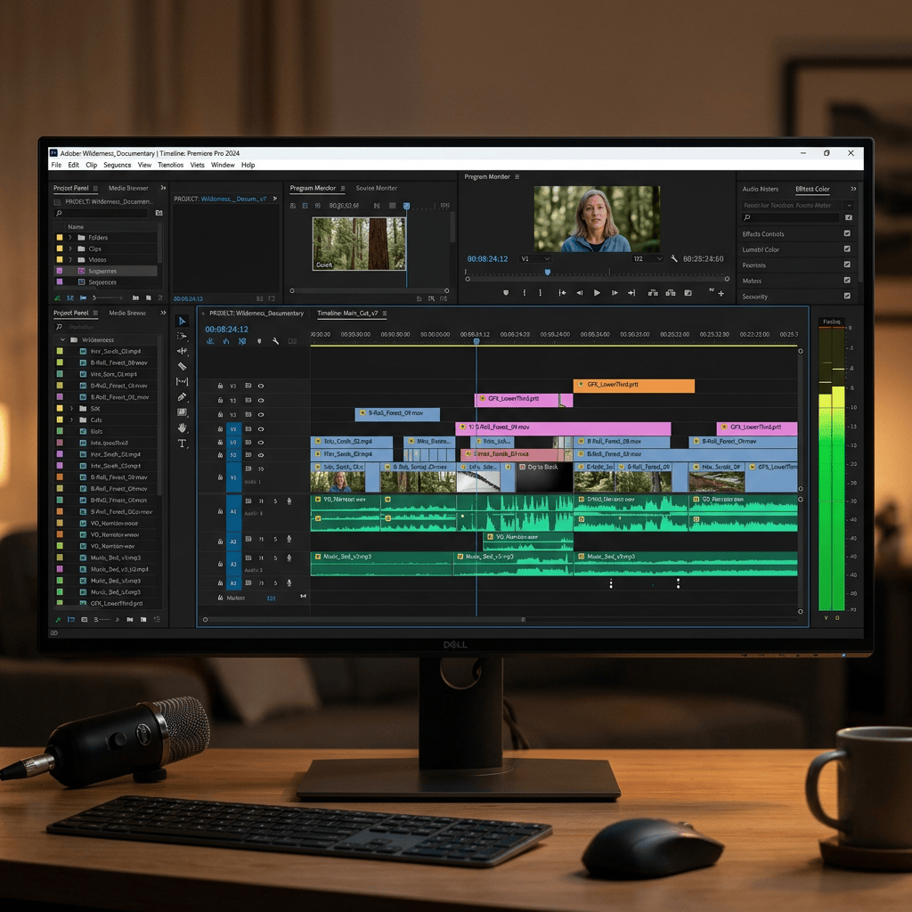 Video editing timeline with multiple video clips and audio waveforms in Adobe Premiere Pro