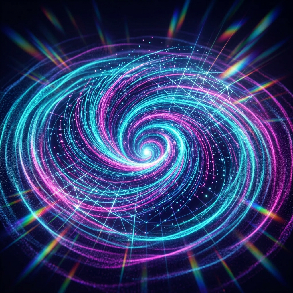 Vibrant neon spiral pattern with blue and purple lines swirling toward a bright center.